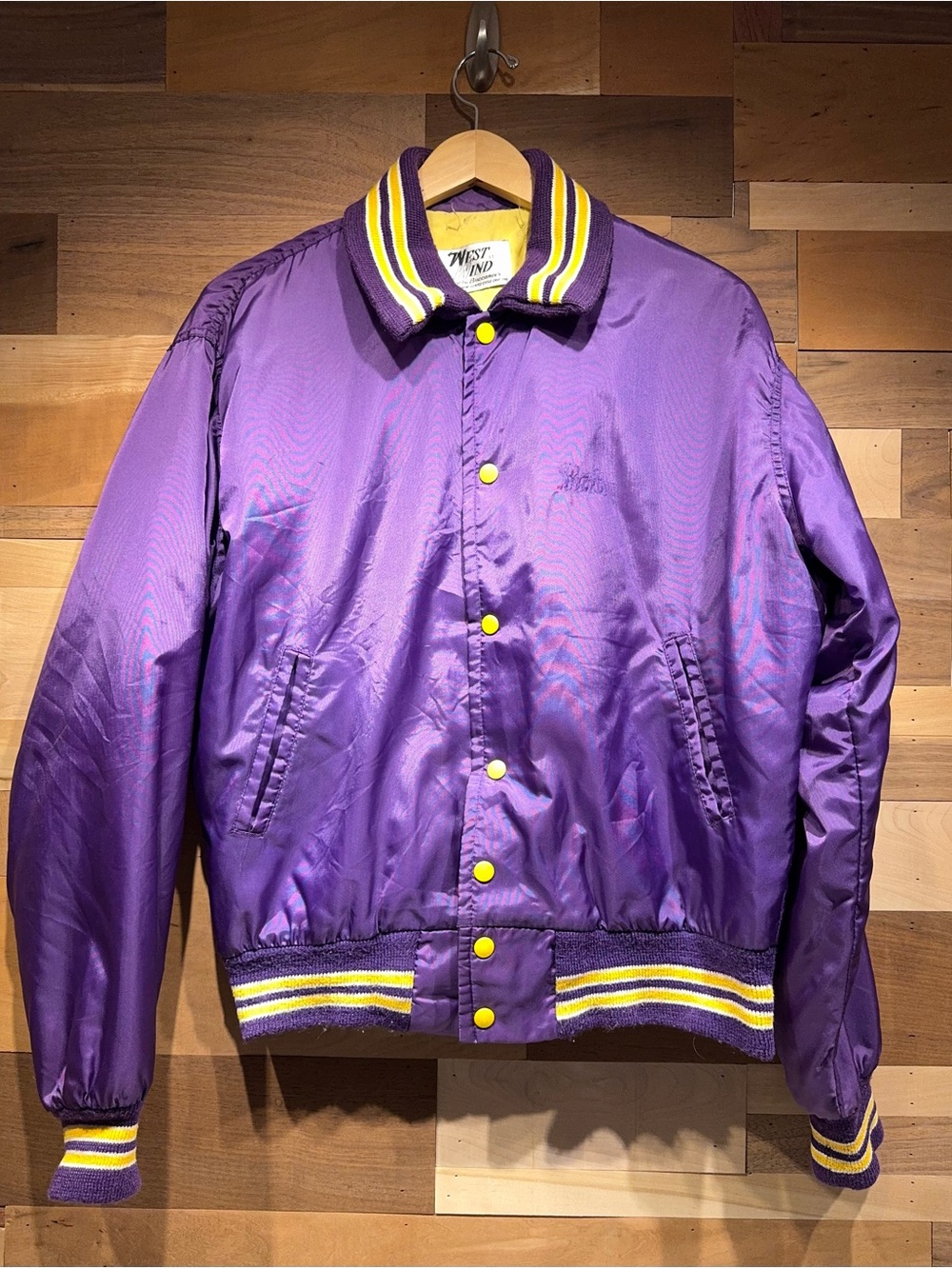 Vintage 80s Purple and Yellow Satin Bomber Jacket